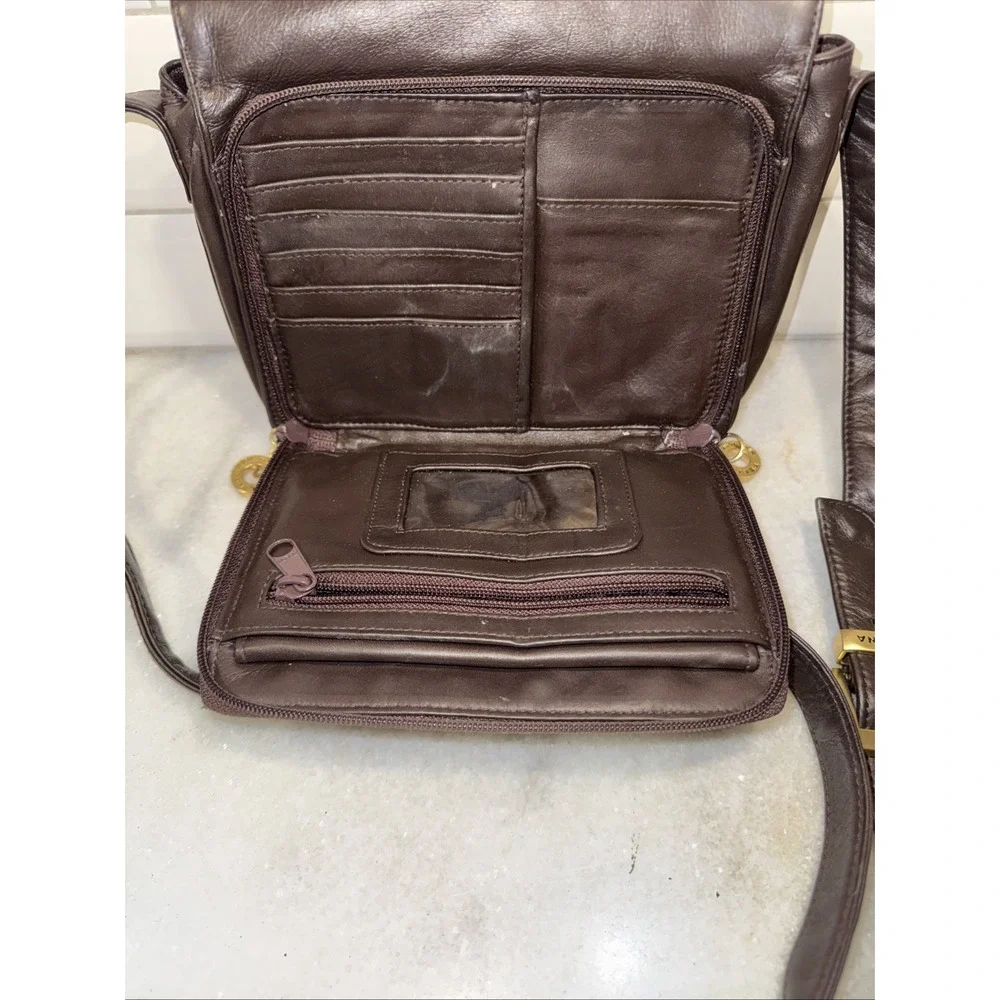 Vintage Perlina Dark Brown‎  Leather Crossbody Bag & Organizer Purse GW997